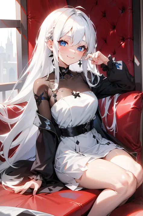 Smiling girl wearing Gothic and Lolita，Girl standing and smiling with her hand on her chin，Perfect white haired girl with blue eyes, Girl with white hair, white  hair, white hair woman, White-haired, white haired god, Seductive Anime Girl, loli in dress, f...