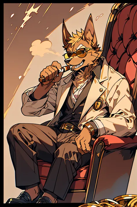 Wear sunglasses、An old Doberman dog with a cigar and a mafia boss sitting in an armchair、Gold coins falling from the sky、Vintage Sepia Photography