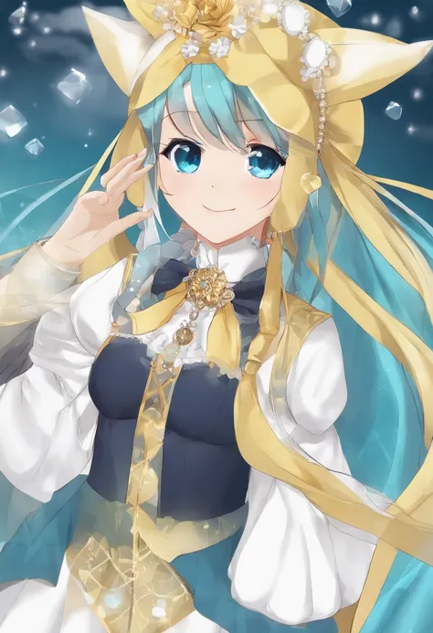 estilo de esqui, Miku Hatsune, master part, best quality, 1girl, corar, aqua eyes, bonnet, boca fechada, Brincos, kalap, brincos de argola, jewelries, Olhando para o Viewer, camisa, fundo simples, sozinho, parte superior do corpo, camisa amarela