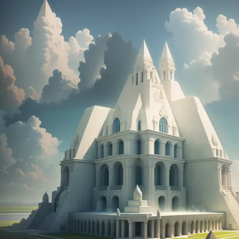 (((fantasy theme))), white colossal temple of resurrection made of white granites, pyramid roof, fantasy structure, in the middle of green meadow and at the side of great lake, (((symmetrical))), wide view, aesthetic, surreal, cinematic, sharp focus, maste...