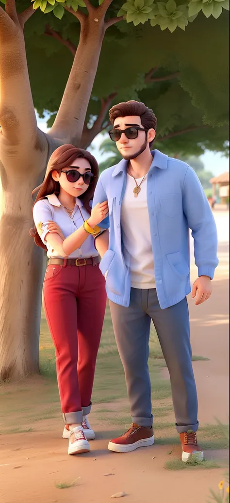 Young couple with sunglasses and passionate look. O jovem rapaz tem barba no rosto todo. The two of them are in a very beautiful background landscape