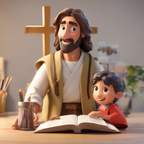 Crie um cartaz inspirado na Disney Pixar com o personagem sendo o Joven de 33 anos trabalhando com Ti em frente ao pc ele e moreno, magro, cabelo preto corte degrade, olhos castanhos claro, in an office with a Bible on the table and Jesus Christ by his sid...