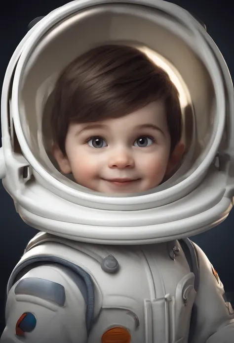 A happy cute little boy standing with short hair, Usar un disfraz espacial, , fondo blanco, infant, Tom, estilo pixar, ......3D, Dibujos animados, cara detallada, 16K asymmetrical