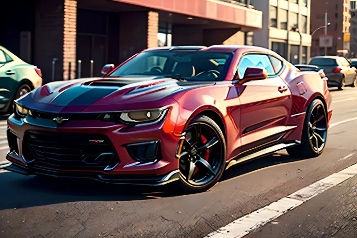 Masterpiece, best quality, 4k, automobile, red car, 2024 Chevrolet Camaro ZL1, New York City street backdrop, 3/4 view, cowboy shot, solo, single