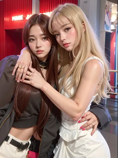 Duas mulheres posando para uma foto em frente a um sinal vermelho, Lalisa Manobal, Lalisa Manoban do Blackpink, duas vezes, Parque Roseanne do Blackpink, rosa preto, Nixeu e Sakimichan, KDA e Sam Yang, Jisoo do Blackpink, jisoo do rosa preto, 📷 Mungojerrie...