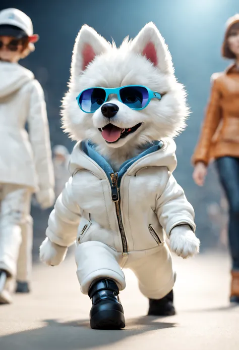 （a husky puppy in a white hat jacket walks down the runway）, （a husky puppy in a white hat jacket：1.37）, （wearing white pants：1....