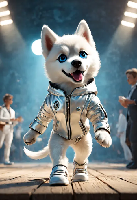 （a husky puppy in a white hat jacket walks down the runway）, （a husky puppy in a white hat jacket：1.37）, （wearing white pants：1....