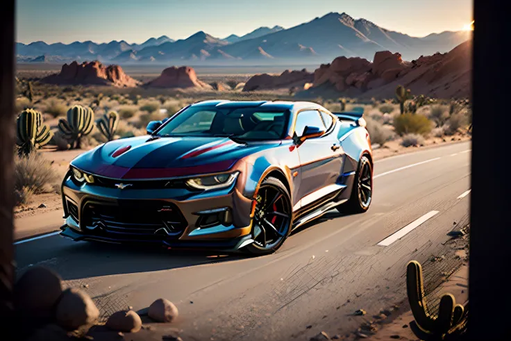 Masterpiece, best quality, 4k, automobile, black car, 2024 Chevrolet Camaro ZL1, Arizona desert backdrop, 3/4 view, cowboy shot, solo, single