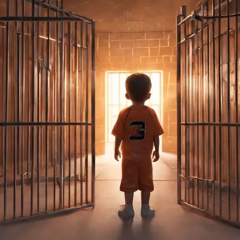 A child inside a crying jail cell full of inmates