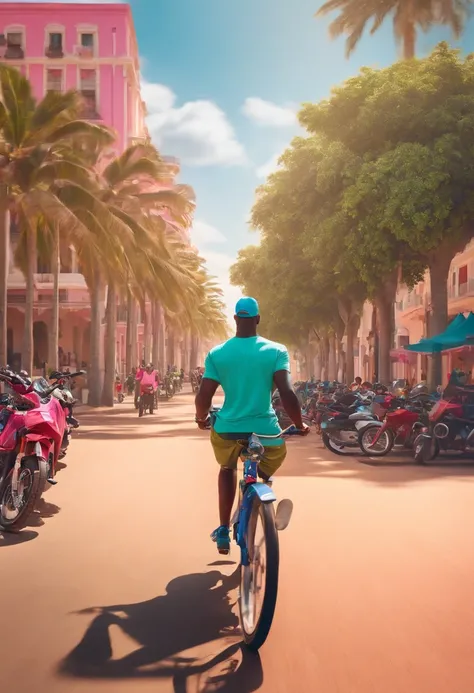 Pixar, man, dark skin, running on the promenade of Fortalezas seafront, pink shirt, blue shorts, behind some parked motorbikes, wearing a green cap