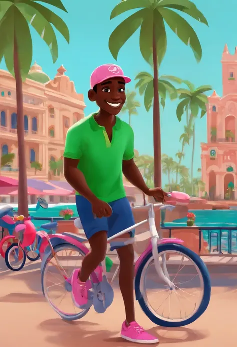 Pixar, man, dark skin, running on the promenade of Fortalezas seafront, pink shirt, blue shorts, behind some parked motorbikes, wearing a green cap