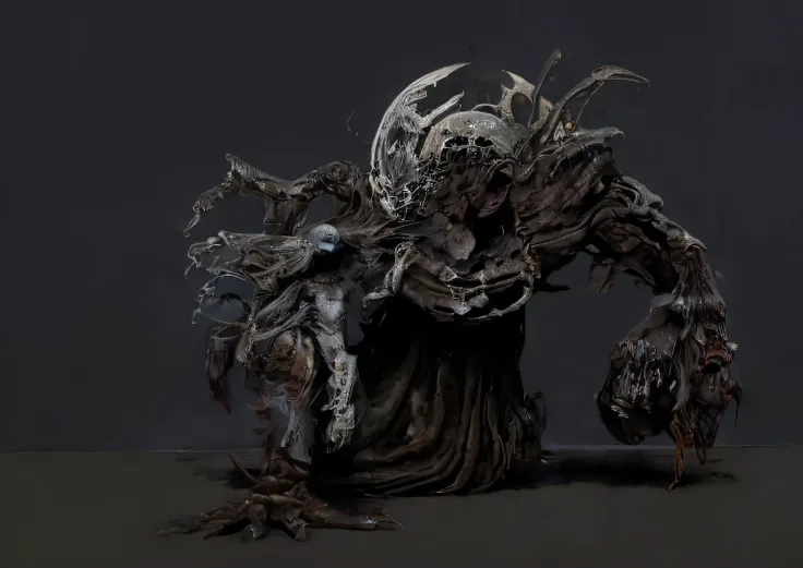 A monstrous creature made of a black alien fungus and flesh with a metal halo adorned around its head, anjo deformado, titan caido, fotografia ultra detalhada de um monstro de Silent Hill, estilo instaport de terror, filme de terror, estilo cinema, arte pr...