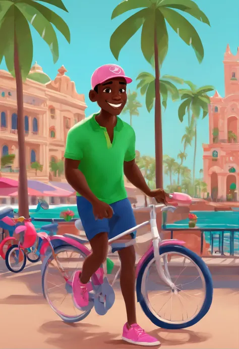 Pixar, man, dark skin, running on the promenade of Fortalezas seafront, pink shirt, blue shorts, behind some parked motorbikes, wearing a green cap