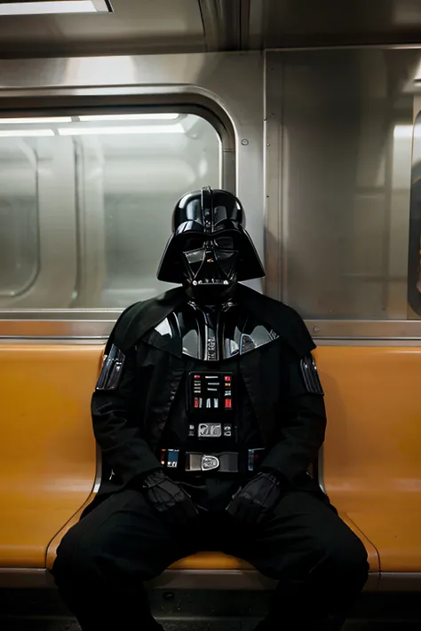 Darth Vader sitting in the subway chair, triste, hiperealista