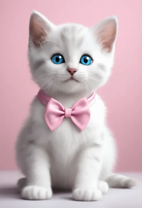 "create 3d image disney pixar style" kitten, white streaked with gray, blue eyes, with pink bow around her neck, white background