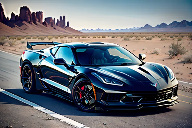 Masterpiece, best quality, 4k, automobile, black car, 2024 Chevrolet Corvette Stingray, Arizona desert backdrop, 3/4 view, cowboy shot, solo, single