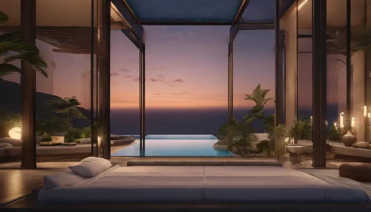 Tropical Night,Bedroom in a mansion,Large open balcony,swimming pools,You can see the beautiful sea beyond the hill,4k,An ultra-high picture quality,Luxury space,Moody indirect lighting,houseplant,rich,Rich,VIP,VIP Moments