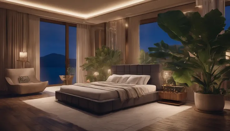 Tropical Night,Bedroom in a mansion,Large open balcony,swimming pools,You can see the beautiful sea beyond the hill,4k,An ultra-high picture quality,Luxury space,Moody indirect lighting,houseplant,rich,Rich,VIP,VIP Moments