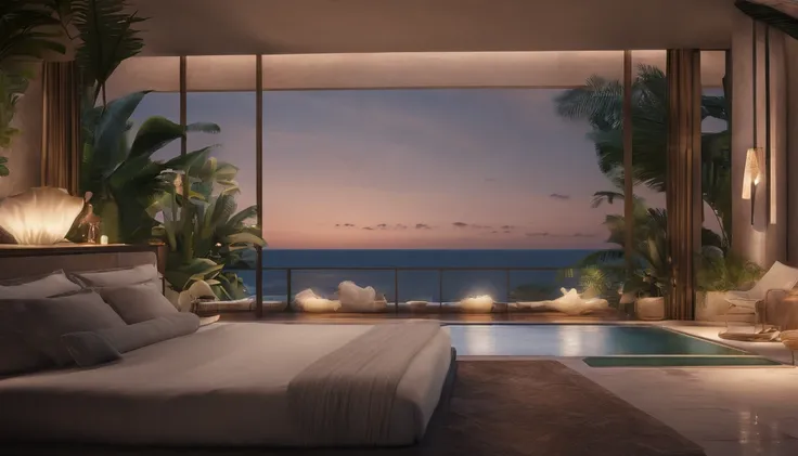 Tropical Night,Bedroom in a mansion,Large open balcony,swimming pools,You can see the beautiful sea beyond the hill,4k,An ultra-high picture quality,Luxury space,Moody indirect lighting,houseplant,rich,Rich,VIP,VIP Moments