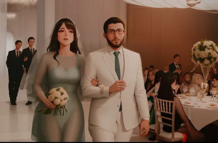 There are two people next to each other at a wedding, Directed by: Nandor Soldier, walking towards the camera, noivos, medium poly, noivo, foto do casamento, Malika Favre, terno verde e gravata borboleta, Jovana Rikalo, Lovely couple, fundo transparente, c...