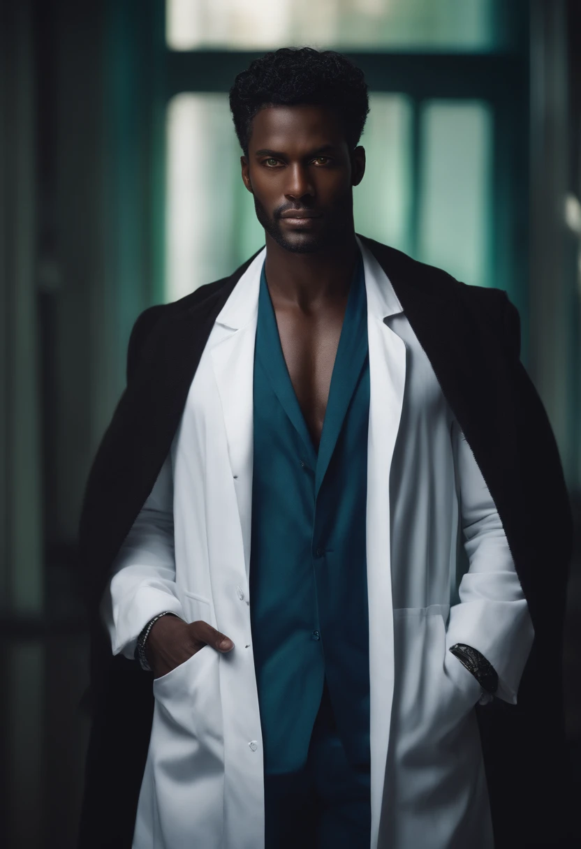 dark-skinned man, long dark blue hair, doctors white coat, strong, green eyes