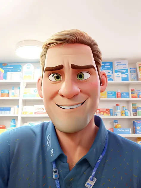 Poster no estilo Disney pixar, alta qualidade, melhor qualidade, homem sexy branco, 30 anos cabelo grisalho , musculoso, with background in a very bright pharmacy