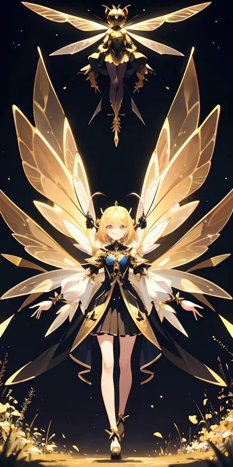 Anthropomorphic humanoid honey bee wearing fantasy regal clothes, antennae, four arms, androgynous, bowing，Meadow at night，starrysky，tmasterpiece