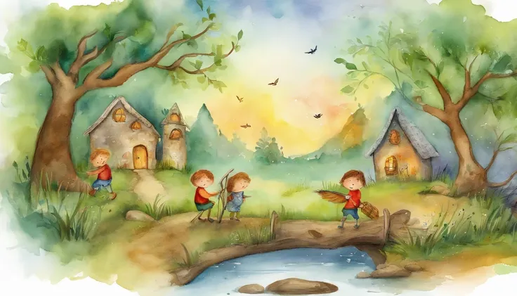 two boys, both exploring a night scene full of wonders. Add a starry sky with smiling stars, and put a friendly moon watching the scene with an affectionate look. Ademais, Insert a translucent spirit, Friendly and bright appearance, as a magical guide on t...