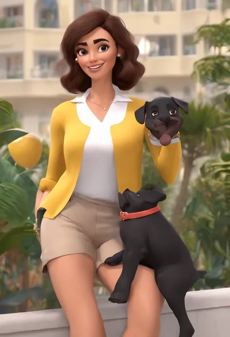 Create a Disney Pixar 3D & 4k Animation. pai aproximadamente 60 anos, beige pants, camisa branca, sapatos marrons, cabelos grisalhos lisos curtos e olhos negros. filha de aproximadamente 35 anos, longos cabelos cacheados escuros, olhos negros, Black Shorts...