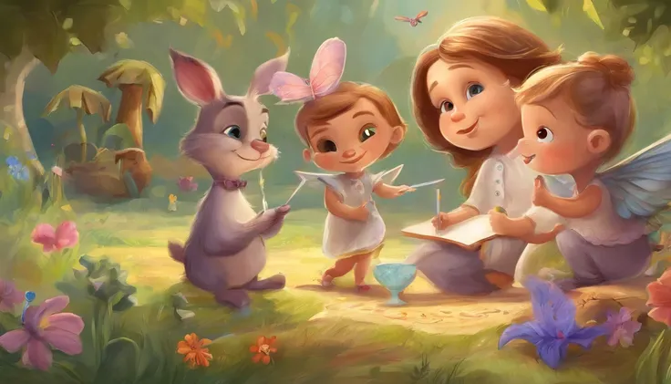 little boy and little girl cartoon cute characters, characters sheet, children book，fresh flowers，Colorful colorful，Transparent colorful wings, Magic wand，closeup cleavage，Light attenuation，Glow effects，depth of fields，high light，Real light，Ray traching，oc...