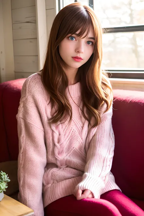 very skinny  long hair,  max caulfield , 
 soft skin, lovely face, expressive eyes , Blue eyes ,  red lips ,  , double eyelids , , super delicate face, , ,, no  selfie , 
  Red  wool sweater  and  pink   wool pants,     , winter clothes , ,    , at the old...