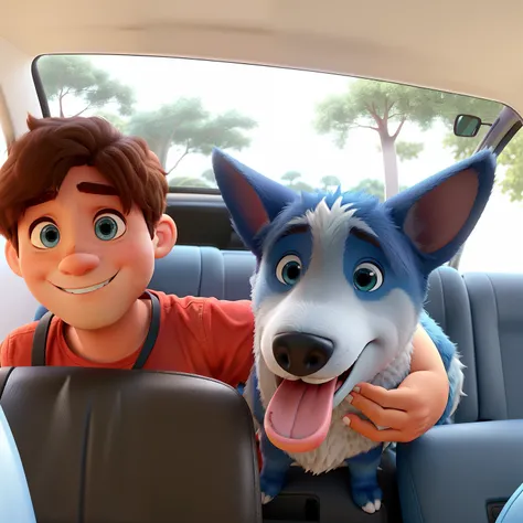 Recriar a imagem original no Estilo Disney Pixar, menino jovem 9 anos, sorriso discreto, camiseta laranjada, cabelos e olhos castanhos, Hugging his Blue Heeler puppy sitting in the back seat of a car