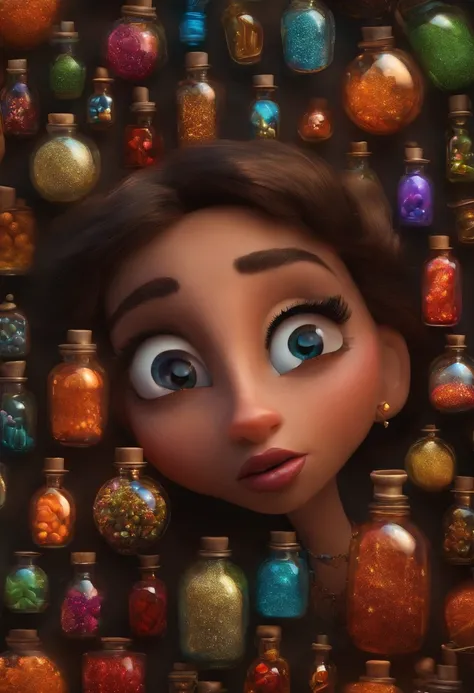 A collector of ideas inspired by Pixar animation, de perto. She is surrounded by a collection of magic vials, each containing a unique idea. The focus is on the character, with a captivating facial expression, Against a backdrop of shimmering, cores eferve...