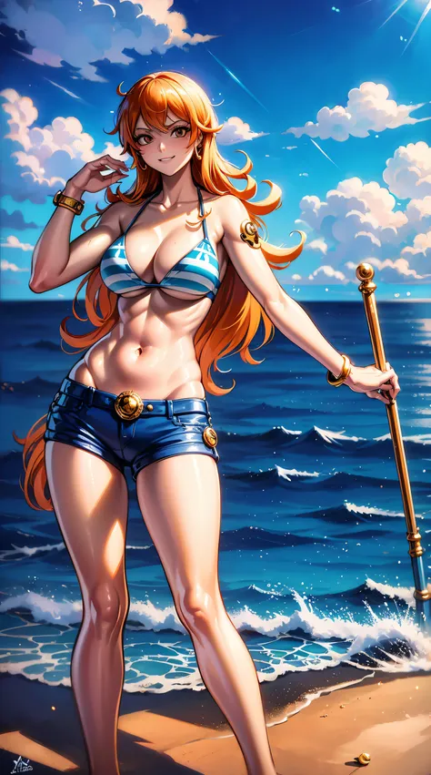 nami de one piece , corpo inteiro, soft-lighting, dinamic angle, lifelike lighting, (textura natural da pele, hiper-realismo, lu...