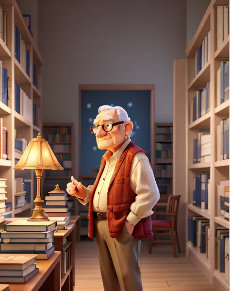 a wise old man standing in front, illuminated by the light of a lamp, against the backdrop of a library