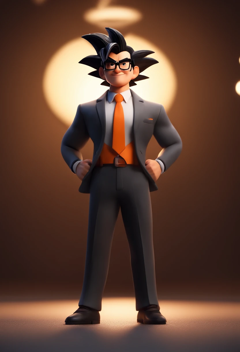 Goku cartoon character wearing black glasses and a gray shirt and black suit, um personagem animado, Caractere estilizado, animation style rendering, 3D estilizado, Arnold Maya render, 3 d render stylized, toon render keyshot, Personagem 3D, Personagem 3D,...