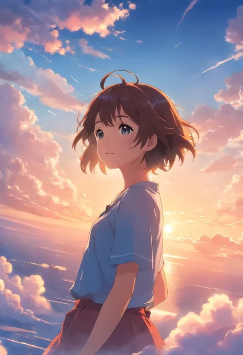 masterpiece, best quality, movie still, 1girl, cloud girl, floating in the sky, close-up, bright, happy, warm soft lighting, sunset, (sparks:0.7)