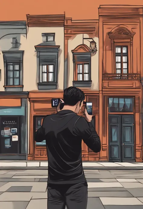 Desenho em estilo 3D da Pixar, Young man in black clothes taking photo of his mobile phone in the city center to create his content for social networks, In front of a video recording device store.