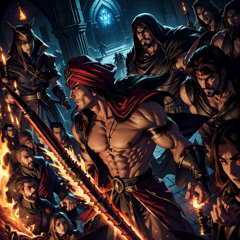 Castlevania Shadow Lord Hyper Realistic Super Detailed Dynamic Shooting Centerpiece Scene of Moroccan Arabic Handsome Muscular Hokuto No Ken Kenshiro with Red Turban Lord Dracula Leading Demon Army Troops into Battle Super Realistic Sharp Details