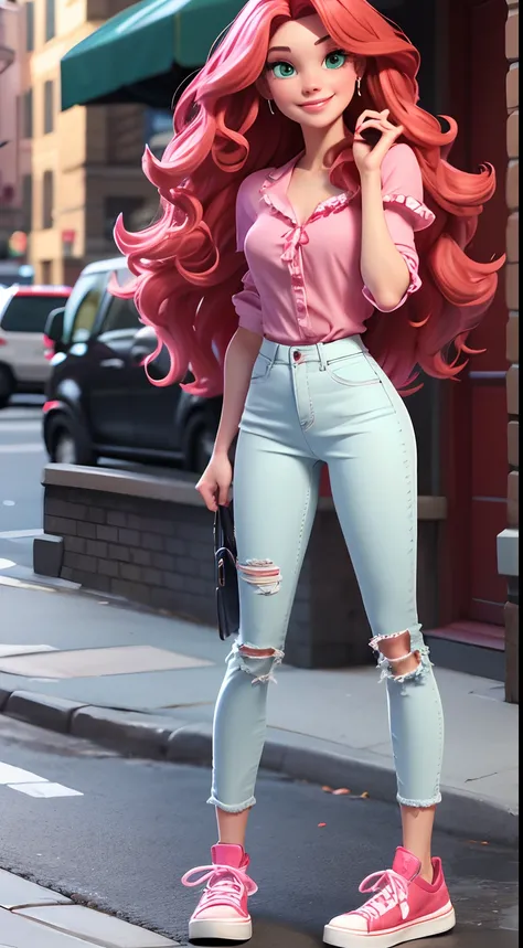 create a Caucasian woman, 3d, with beautiful red wavy hair, wearing jeans and a pink blouse, white sneakers, green eyes, she must have a cell phone in her hand, smiling