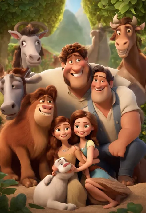 a Disney Pixar movie poster showing a white-skinned family. The father is the tallest, Tem barba curta, loiro, cabelos curtos e espinhosos. The mother has brown eyes and hair, shoulder-length and is slightly overweight. A menina tem 4 anos e cabelos castan...