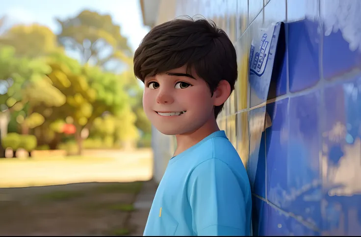 Theres a 13-year-old boy standing by a tiled wall in a blue shirt,