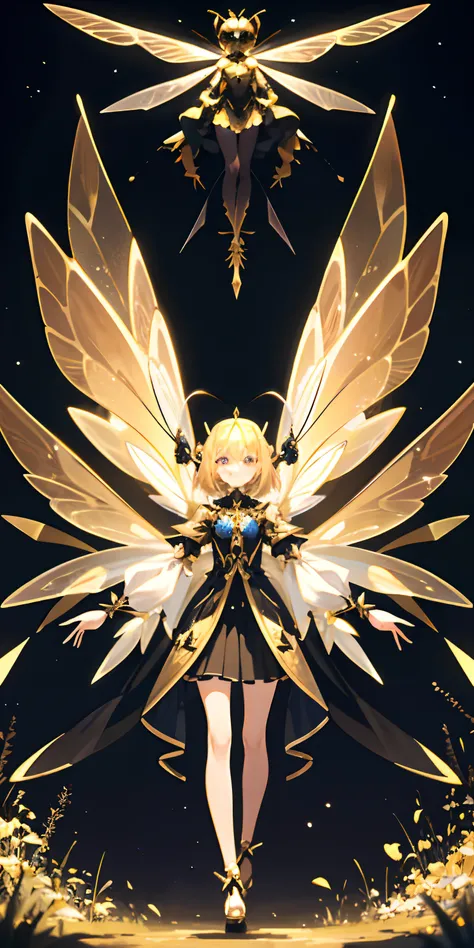 Anthropomorphic humanoid honey bee wearing fantasy regal clothes, antennae, four arms, androgynous, bowing，Meadow at night，starrysky，tmasterpiece