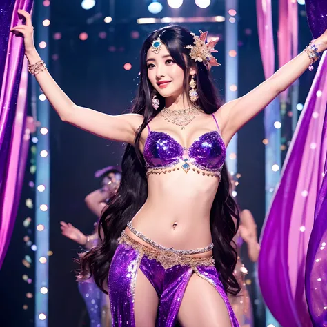 Graceful beauty、Long black hair、Japanese、belly dancer、purple outfit、The background is Arabian-style、Glitter costumes、