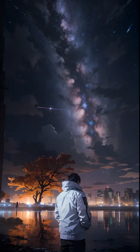 octans, skyporn, Star (skyporn), Scenery, Starry sky, Night, 1man, White shirt, Black jacket, nigh sky, Solo, Outdoors, building, cloud, Milky way, tree, city, silhuette, Cityscape, voyage.a picture