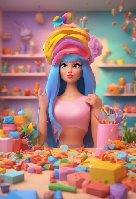 Uma mulher de aproximadamente 35 anos pele morena clara, cabelo pelo ombro liso ondulado.  inspired by Pixar animation, de perto. Shes surrounded by a collection of colorful bows, In the background, organizer boxes with colorful bows and sewing threads. Th...