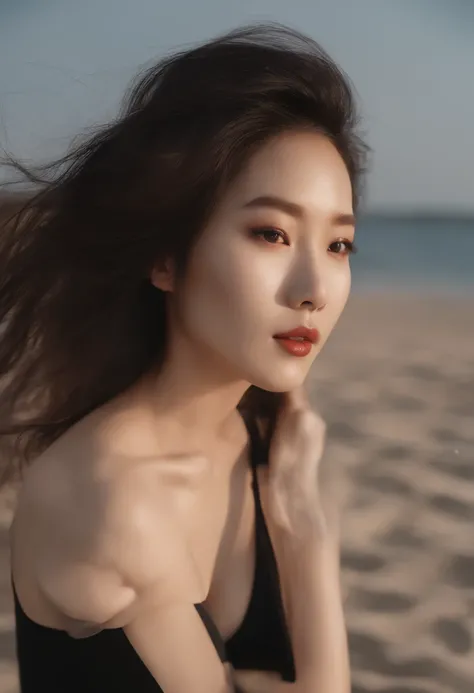 best、masutepiece、An ultra-high picture quality、realisitic、girl with、(Beauty Face 1.4)、(tits out、C Cup、Constriction waist)、long、Lying on the sandy beach、Bokeh、micron、glowy skin、Head,selphie、Black swimsuit、Long hair、Korean style