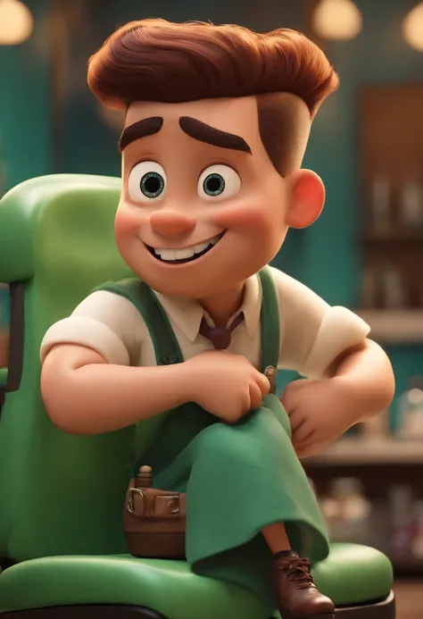 A Dream Barber Inspired by Pixar Animation, de perto. The character takes center stage with captivating facial expressions, oferecendo um toque de irrealidade, Cabelo curto e gordinho gradiente