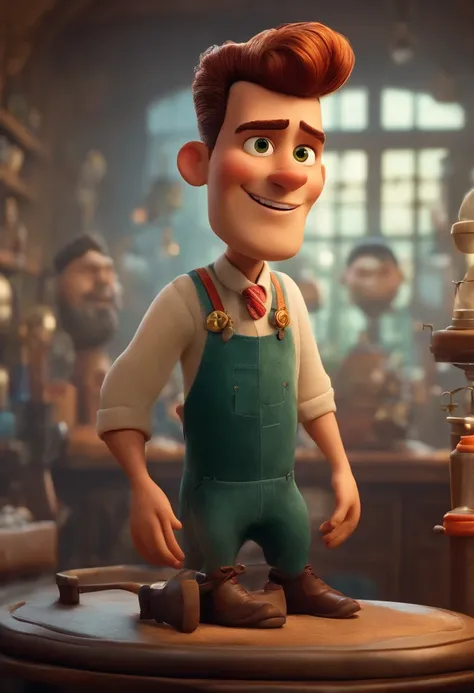 A Dream Barber Inspired by Pixar Animation, de perto. The character takes center stage with captivating facial expressions, oferecendo um toque de irrealidade, Cabelo curto e gordinho gradiente