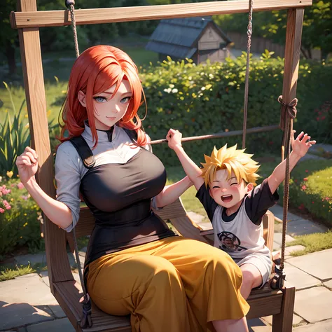 style cartoon, boy naruto and his mother kushina, mature mother kushina is swinging naruto on swing, both characters are very happy, mother and child happy moment captured, nostalgic scene, awesome full color, good lighting, scene is very emotional, scene ...